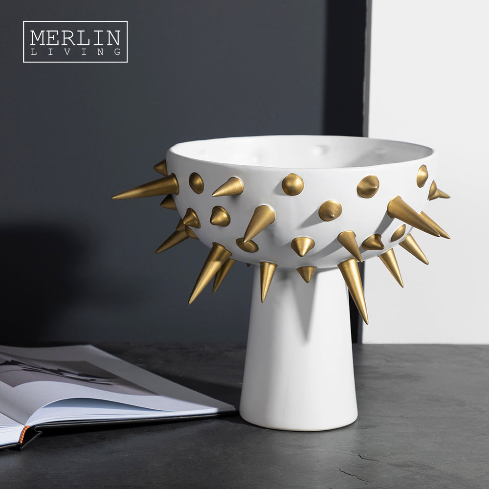 Merlin barbed tall gold white plated luxury fruit plate ceramic tableware desktop ornament for home decor luxury