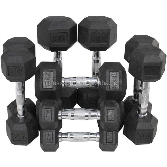 KG LB Pounds Custom Logo Chrome Cast Iron Handle Hexagon Coated Ends Fitness Yoga Bodybuilding Gym Black Rubber Hex Dumbbell